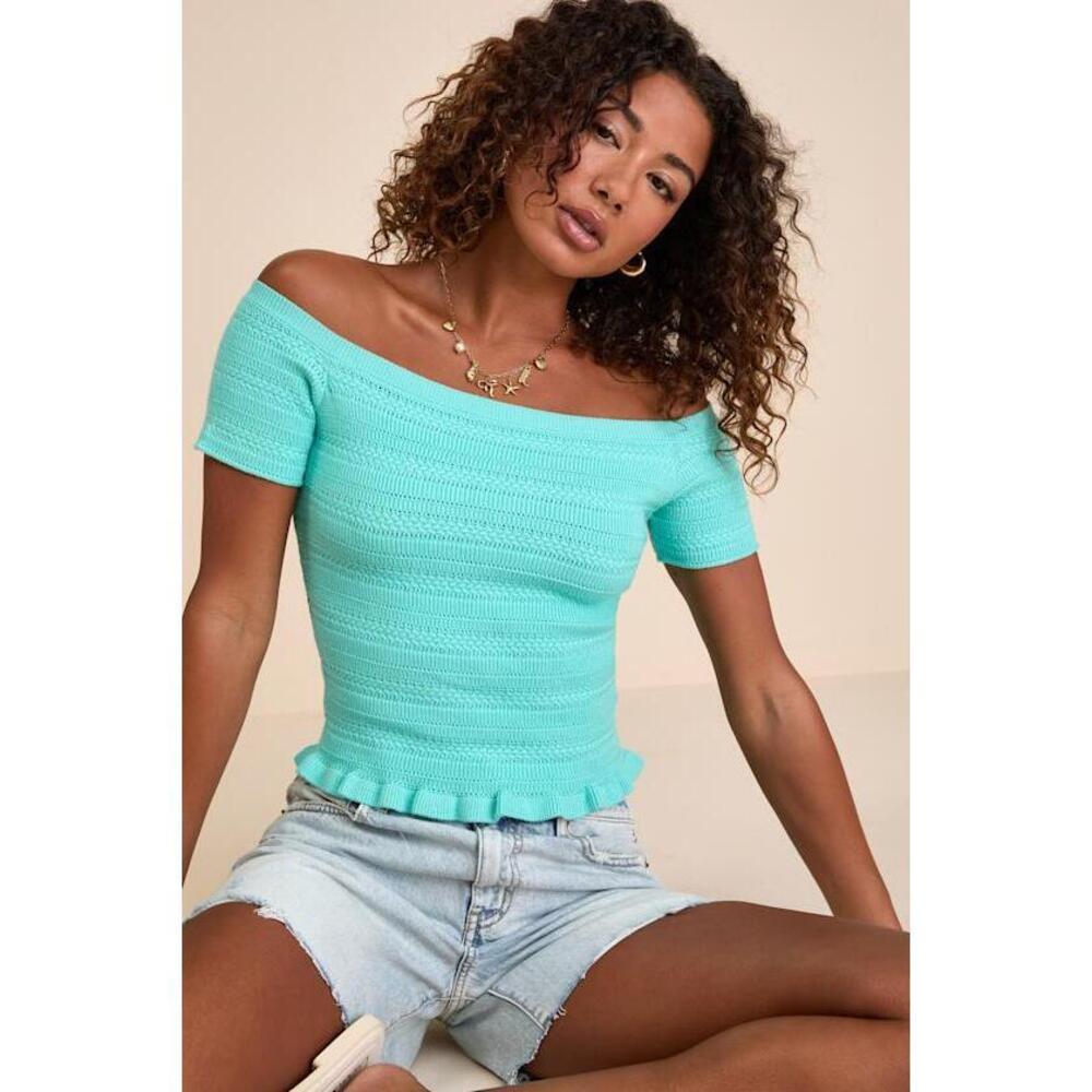 Lulus Alamea Aqua Pointelle Knit Off-the-shoulder Sweater Top Blue - Size M